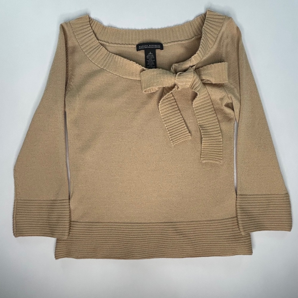 Banana Republic Extra Fine Italian Merino Wool Bow Sweater Tan Small